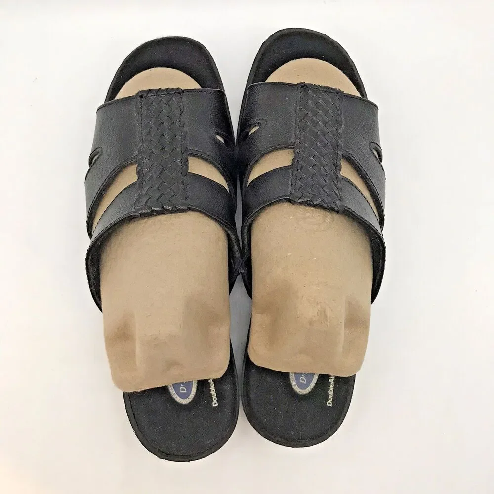 Dr. Scholl's Leather Wedge Sandals Women's 7M Black E3H-01 Comfort Slides Shoes